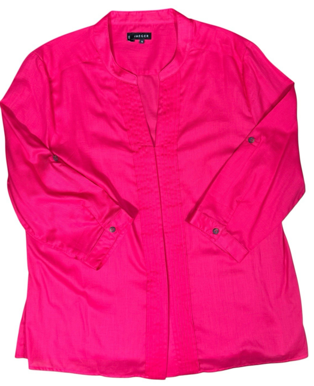 Jaeger Womens US 14 UK 16 Pink Tunic Blouse Pintuck Cotton Roll Tab Sleeves